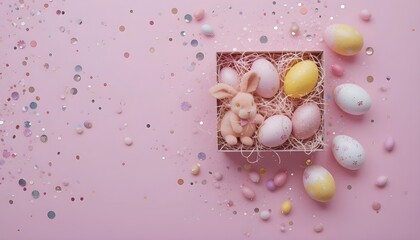 Top View Easter Decorations with Gift Box, Bunnies, and Colorful Eggs on Pink