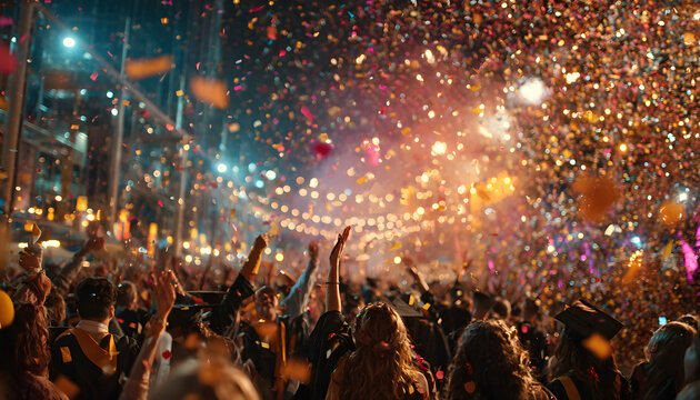 A festive celebration erupts with caps flying and confetti cascading, highlighting important milestones in higher education