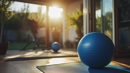 Fitness Interior with Blue Exercise Balls and Morning Sunlight Glow