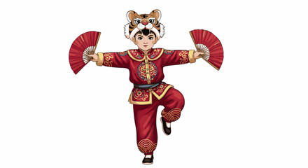 A dancer in a traditional costume performs a dynamic pose with fans and a tiger mask
