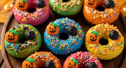 Colorful Halloween donuts with pumpkin decorations ready for spooky season parties