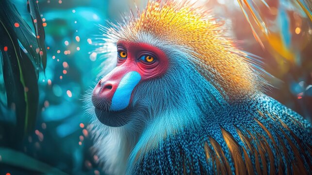 Alien zoology magazine cover with long haired fur alien turqoise white brown blue mandrill-parrot by miki asai, sun shines upon it,