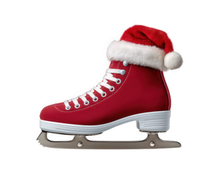 Red ice skate with white laces and fluffy Santa hat, festive winter holiday decoration, cheerful seasonal design, isolated on transparent background