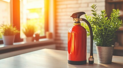 Bright Red Fire Extinguisher Near Green Plant in Cozy Interior Space