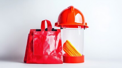 Bright Red Safety Gear Including Helmet and Bag on White Background