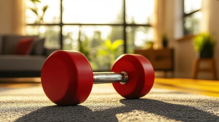 Bright Room with Red Dumbbell on Carpet, Fitness and Health Concept