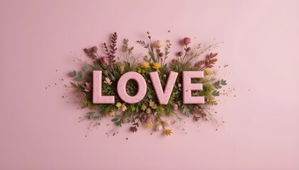 Creative Flat Lay Love Word with Natural Plants on Soft Background