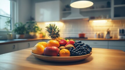 Fresh and Colorful Assortment of Fruits on Kitchen Table Decor