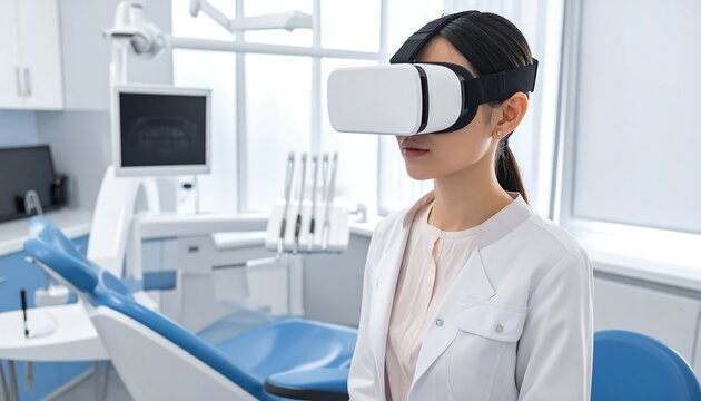 Dentist using VR headset in modern clinic - Powered by Adobe