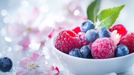 Fresh and Colorful Berries in a Bowl with Blossoms and Dew Drops