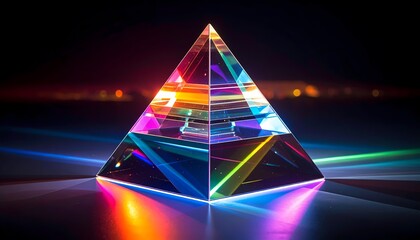 Vibrant Light Refraction Through a Glass Pyramid on a Dark Background.