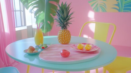 Bright Tropical Table Setting with Pineapple and Colorful Fruits