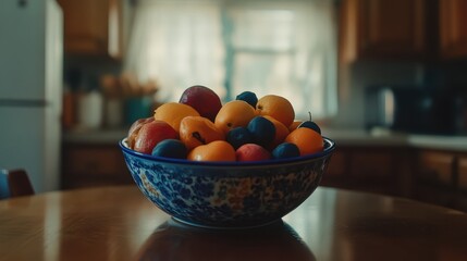 Fresh and Colorful Fruit Bowl on Kitchen Table in Bright Setting