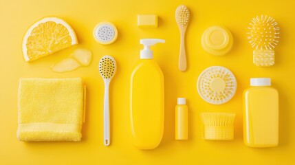 Bright Yellow Cleaning Products and Accessories on Vibrant Background