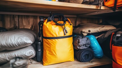 Bright Yellow Dry Bag on Wooden Shelf Surrounded by Camping Gear