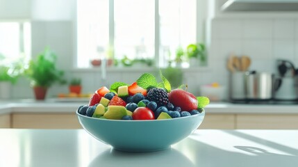 Fresh and Colorful Fruit Bowl on Kitchen Table with Natural Light