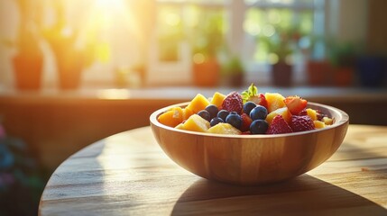 Fresh and Colorful Fruit Bowl on Wooden Table in Bright Kitchen