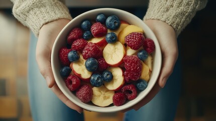 Fresh and Colorful Fruit Bowl with Raspberries, Blueberries, Bananas