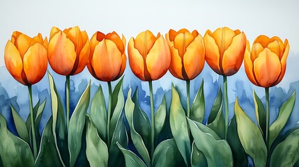 Row of Seven Vibrant Orange Tulips: Set Against a Serene Blue-and-White Watercolor Background, with Warm Petals & Green Stems