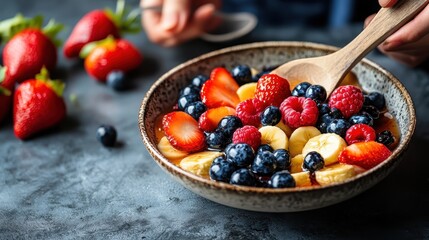 Fresh and Colorful Fruit Bowl with Strawberries and Blueberries