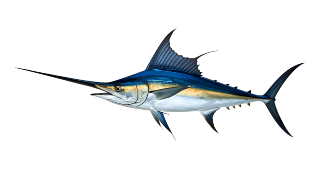 Blue and silver marlin fish with long spear like bill isolated on a transparent background