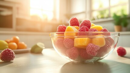 Fresh and Colorful Fruit Salad in a Bright Kitchen Setting