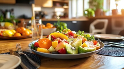 Fresh and Colorful Fruit Salad on Wooden Table in Bright Kitchen