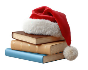Stack of books with festive Santa hat, cozy holiday atmosphere, cheerful and inviting, perfect for winter reading or Christmas education themes