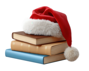 Stack of books with festive Santa hat, cozy holiday atmosphere, cheerful and inviting, perfect for winter reading or Christmas education themes