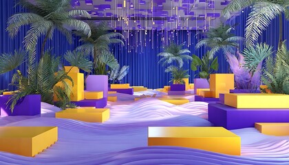 Obraz premium Futuristic retro lounge with purple waves yellow cubes and blue backdrops