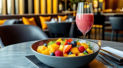 Fresh and Colorful Fruit Salad with Smoothie in Modern Restaurant Setting