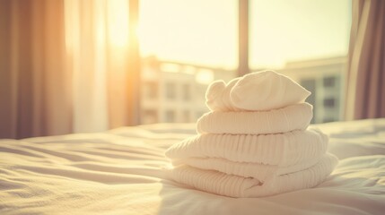 Soft White Towels Stacked on a Bed in a Sunlit Room