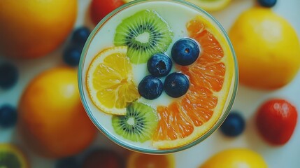 Fresh and Colorful Fruit Smoothie with Assorted Fruits on Table