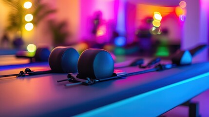Stylish Pilates Equipment in a Neon Lit Studio Environment
