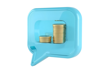 Blue Speech Bubble Icon with Two Stacks of Gold Coins on a Transparent Background chat isolated on a transparent background