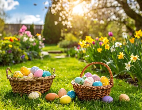 Easter eggs in garden baskets