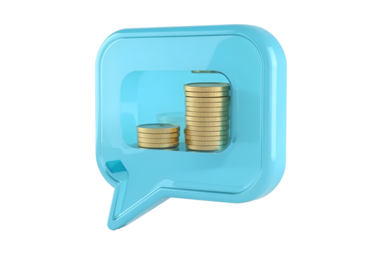 Blue Speech Bubble Icon with Two Stacks of Gold Coins on a Transparent Background chat isolated on a transparent background - Powered by Adobe