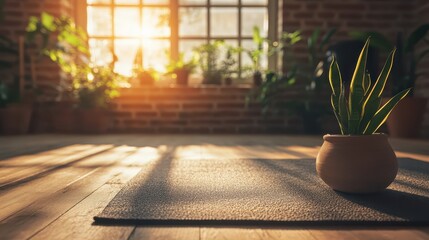 Sunlit Indoor Space with Potted Plant and Yoga Mat on Floor