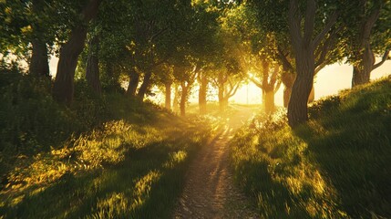 Sunlit Path Through Lush Forest with Gentle Morning Glow
