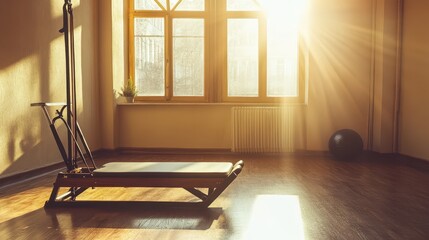 Sunlit Pilates Studio with Reformers and Natural Light Background