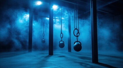 Suspended Weights in Blue Foggy Environment for Fitness Training