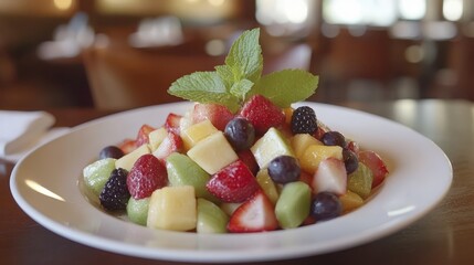 Fresh and Colorful Mixed Fruit Salad with Mint Garnish in Cafe