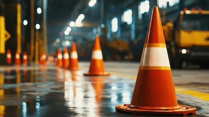 Traffic Cones in Industrial Warehouse Setting with Blurred Background