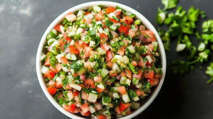 Fresh and Colorful Pico de Gallo Salsa in a White Bowl on Dark Surface