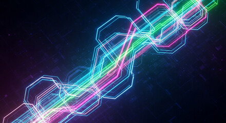 Abstract neon light technology background with glowing lines and geometric shapes design concept art
