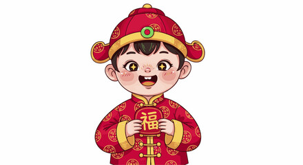 A young boy in traditional attire holding a symbol of good fortune