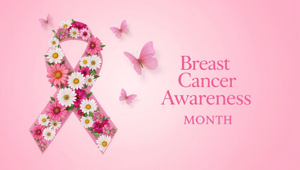 Breast Cancer Awareness Month Pink Ribbon with Flowers and Butterflies on Pastel Background – Symbol of Hope, Support, and Women’s Health Advocacy