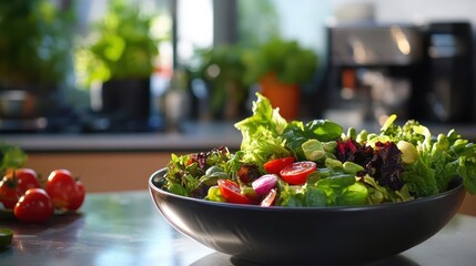 Fresh and Colorful Salad Ingredients in Bright Sunlit Kitchen