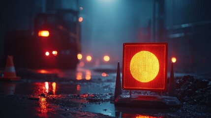 Traffic Warning Signal on Urban Construction Site at Night