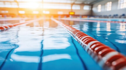 Tranquil Indoor Swimming Pool with Lanes and Sunset Light Reflection